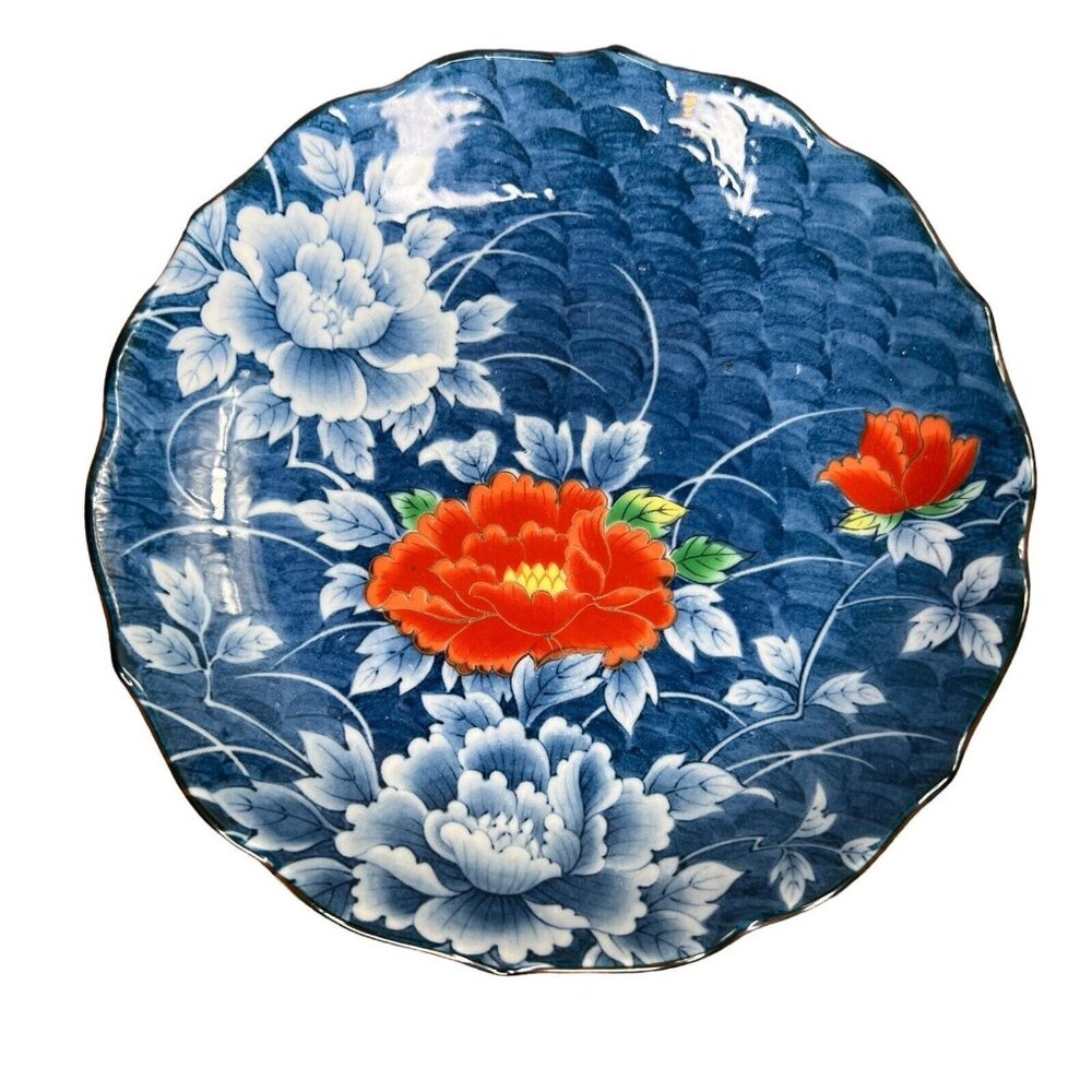 Vintage Japanese Hand Painted Porcelain Red White Blue Peony Trinket Dish Bowl